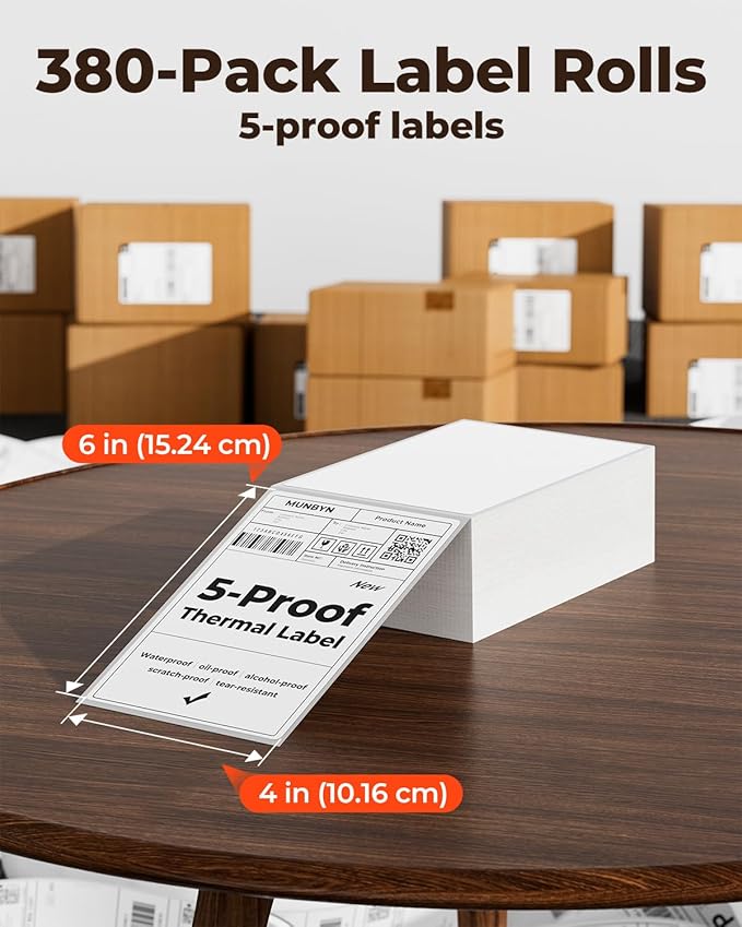 MUNBYN RW405B Thermal Label Printer+4"x6" Direct Thermal Labels