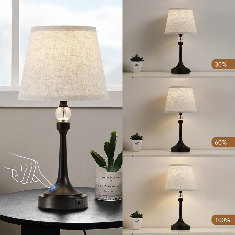 Leasgy Touch Table Lamp Set of 2 with USB C+A Ports-Black 19.7''