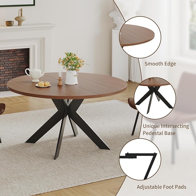 45.3" Walnut Round Dining Table Set with 2 Chairs – Mid-Century Modern Small-Space Kitchen & Dining Room Furniture for Apartment or Breakfast Nook (Boxwood – Table + 2 Brown Chairs)