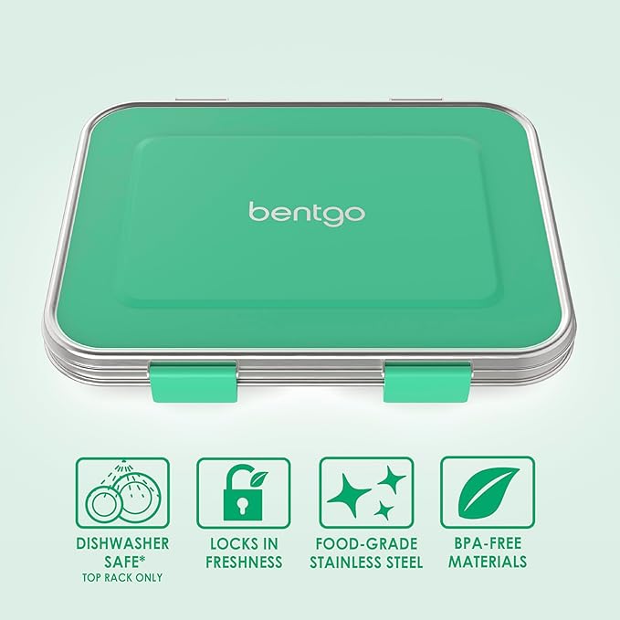 Bentgo Kids Stainless Steel Leak-Resistant Lunch Box - 3-Compartments with Bonus Silicone Container, Durable, Eco-Friendly, Dishwasher Safe, BPA-Free, Ideal for School, Ages 3+ (Green)