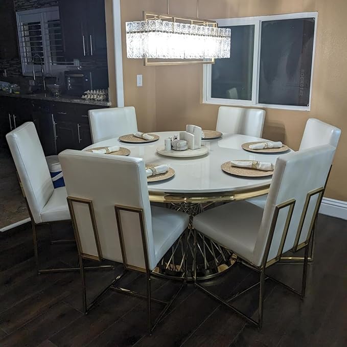 AUZ Dining Chairs Set of 4, White Faux Leather Mid Century Modern Chairs with Gold Stainless Steel Sled Legs