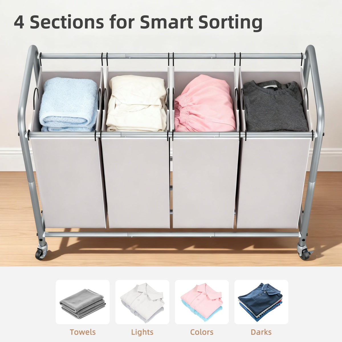 STORAGE MANIAC Laundry Sorter 4 Section, 47.5 Gal (180 L) Laundry Hamper with Wheels, Clothes Divider Basket Sorter, Separator Hamper Cart with Removable Bags, Gray