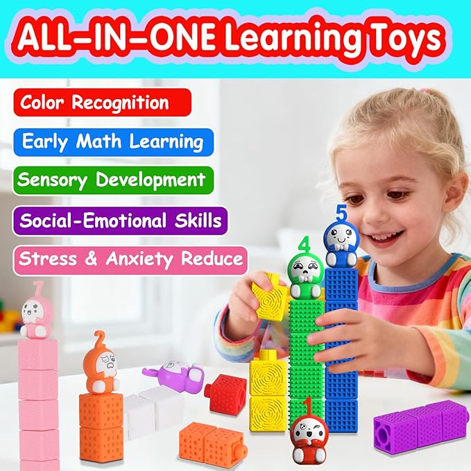 Number Learning Sensory Stacking Cubes: 65PCS Soft Number Counting Blocks for Toddlers Ages 3-6 - STEM Math Learning Toys with 1-10 Figurines, Preschool Sensory Activities for Kids Boys & Girls