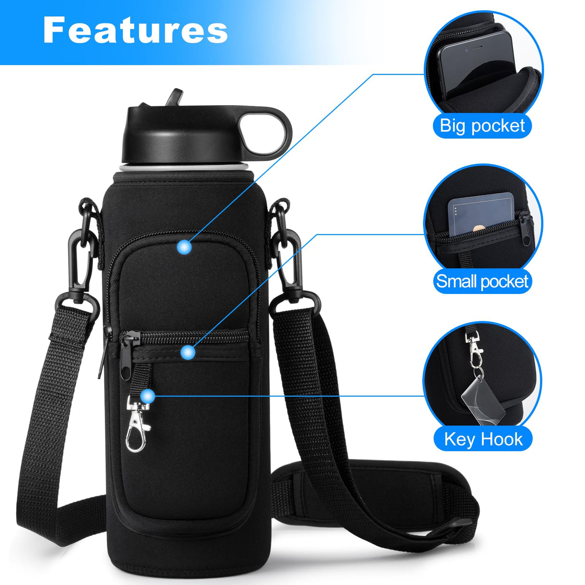 RRegeny Water Bottle Holder with Strap for Hydroflask 32oz 40oz, Carrier Sling Bag with Phone Pocket Sleeve for Men Women Hiking Camping Travelling（black 40oz）