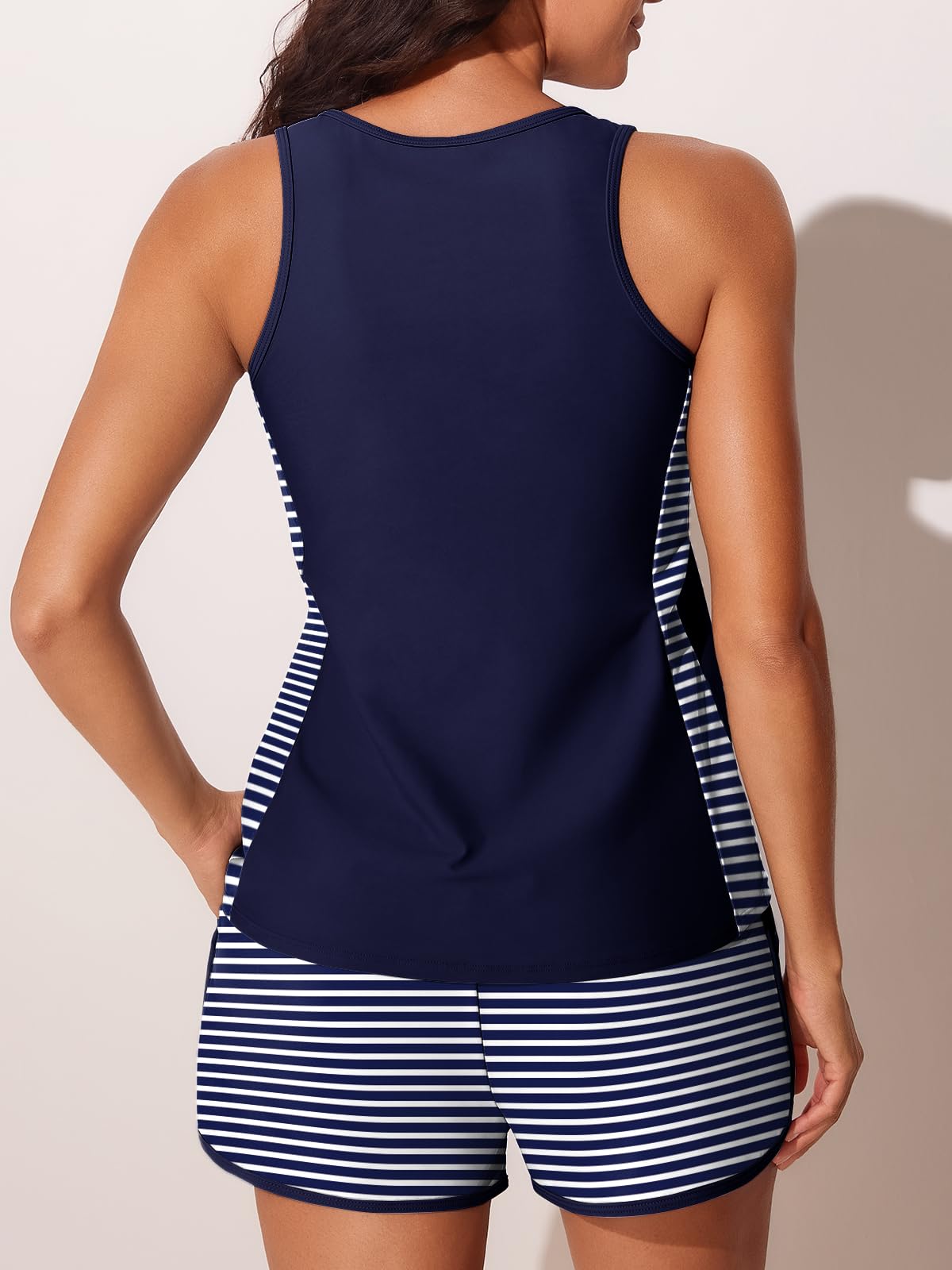 Summer Mae Blouson Tankini Swimsuits for Women 2026 Tummy Control Two Piece Bathing Suits with Sporty Pockets Swim Shorts Blue and White Stripes Size 10