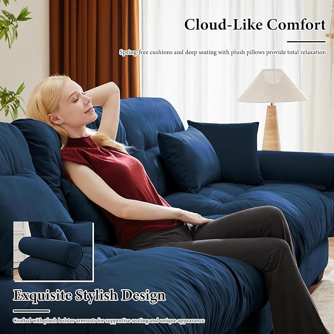 130" Oversized 3 Seater Modular Sectional Sofa, Blue Large U Shaped Couch for Living Room, Fluffy Velvet Cloud Set With Ottoman