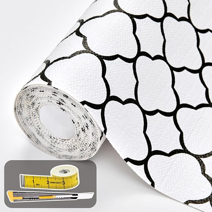 Shelf Drawer Liners for Kitchen Cabinets 11.8 x 236 Inches Non Adhesive Drawer Liner Thickened Refrigerator Liner Black Quatrefoil Strong Non-Slip Paper for Tool Box with Knife and Tape Measure