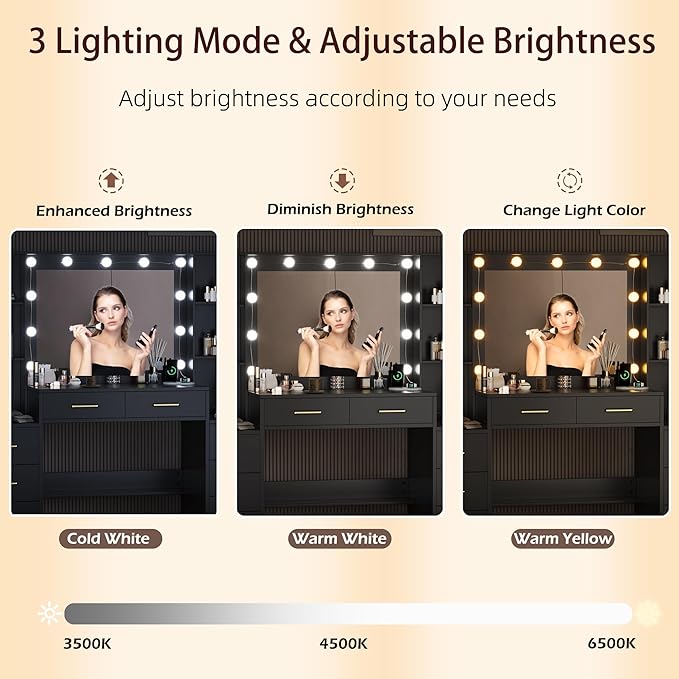 58.3" Black Vanity Desk with Mirror, Lights and Charging Station, 3 Lighting Modes Makeup Desk with 8 Drawers, 2 Cabinets and Lots Storage, Dressing Table Vanity Set for Girls