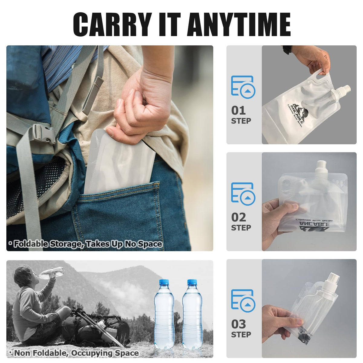 Ancable 33oz (1L) Collapsible Water Bottles, 3-Pack Reusable Travel Foldable Water Bottles for Hiking Camping Running Bike, BPA-Free Water Bottle
