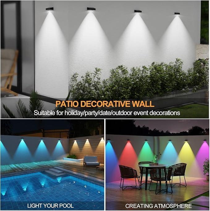 Solar Fence Lights,Fence Lights Solar Powered Waterproof IP65 Multicolor Led 12 Fixed Colors ＆RGB Color Changing for Pool, Deck, Patio, Porch, Stairs, Holiday(8)