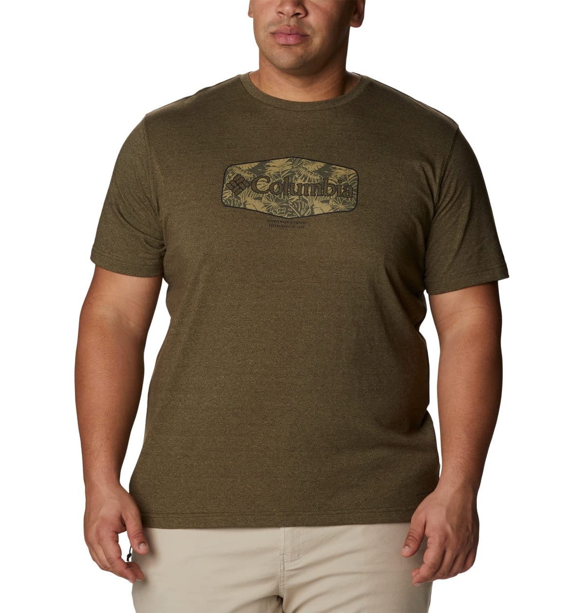 Columbia Men's Thistletown Hills Graphic Short Sleeve, Olive Green Heather/Wanderland Graphic, 3X Big