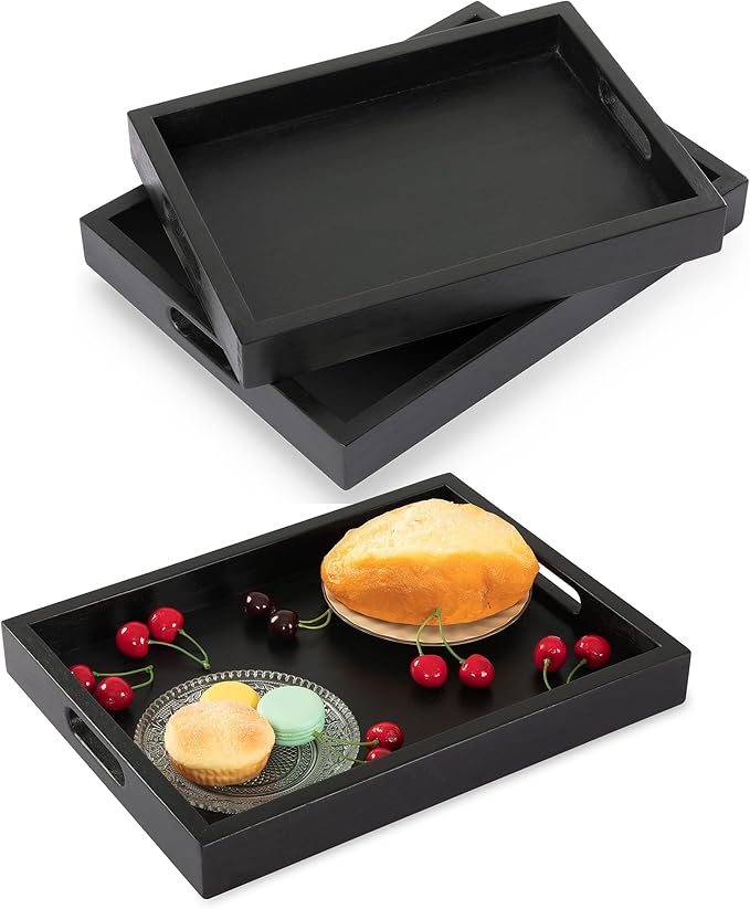 Black Acacia Wooden Rectangular Serving Tray with Handles, Set of 2 (15"x11"), Large Tray for Ottoman, Breakfast in Bed, Dinner, Coffee Table Decor & Kitchen