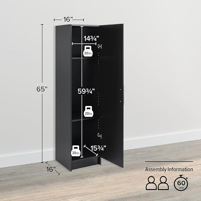 Prepac Elite 16” Wide Black Storage Cabinet with 2 Adjustable Shelves, Ideal for Bathroom, Pantry, Kitchen, Home Office, Laundry Organization, Good for Narrow Spaces 16”W x 65”H x 16”D, Black