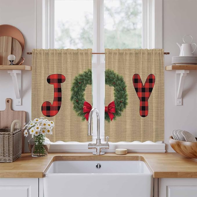 Red Green Christmas Kitchen Curtains 45 Inch Long 2 Panel Set, Rod Pocket