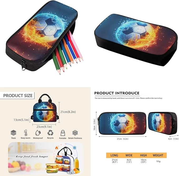 Soccer Backpack for School Water & Fire Soccer Ball Backpack with Lunch Box Kids School Bookbag 3 in 1 Set School Bag with Lunch Bag Pencil Case, Large Lightweight Kids Backpack for School