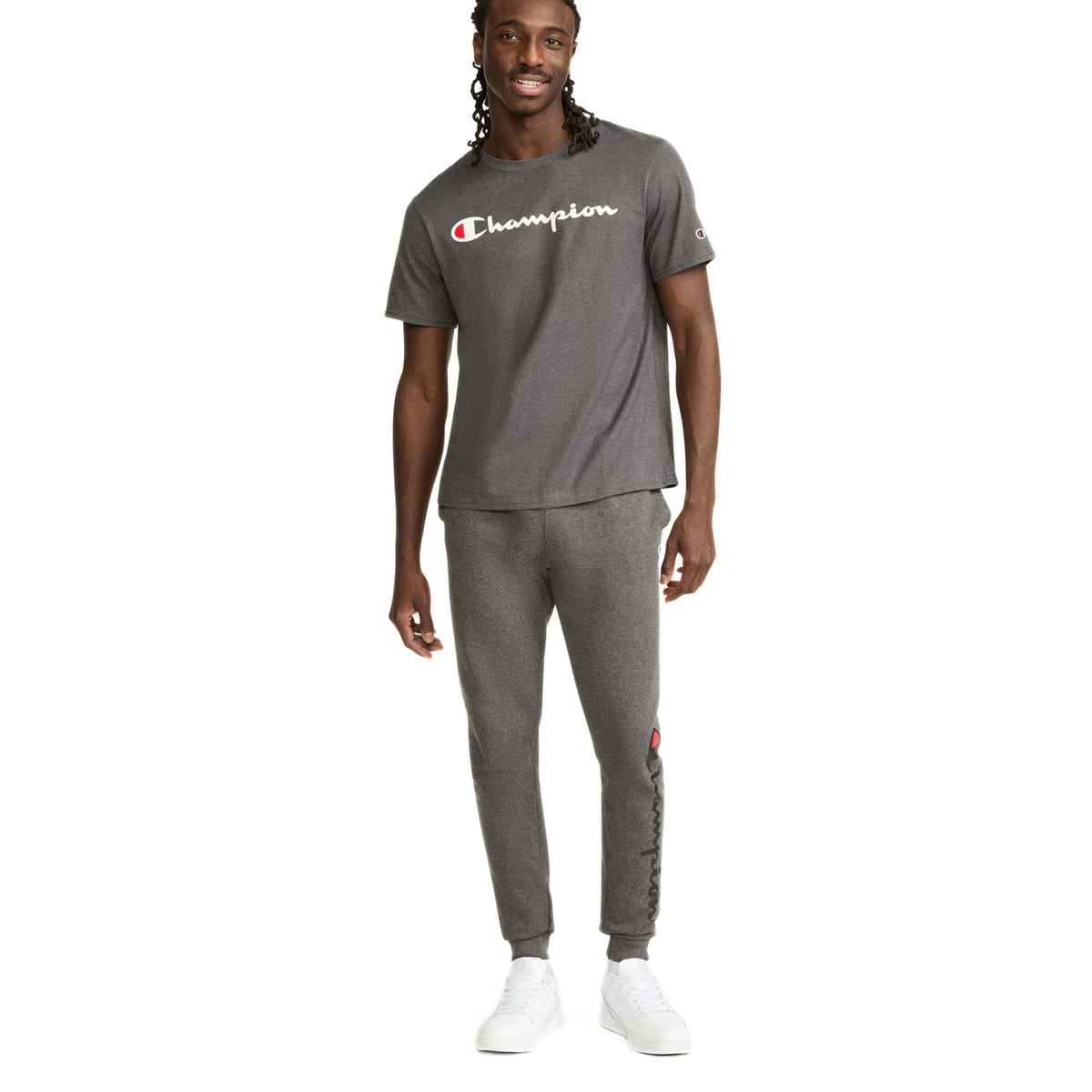 Champion Men's Graphic Short Sleeve T-Shirt, Standard Fit, Classic Script Logo, Midweight 100% Cotton, Available in Regular and Big & Tall, Granite Heather, Large
