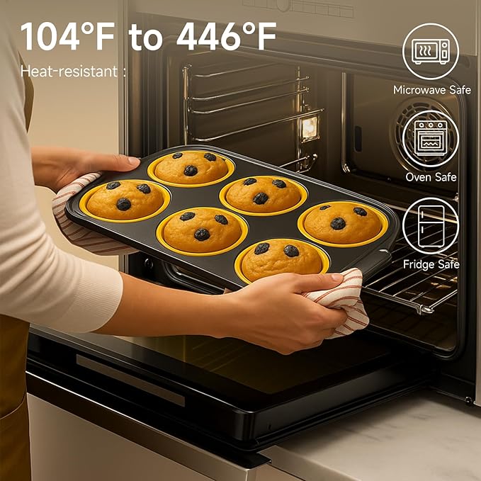 Arimagroup Silicone Muffin Pan for Baking with Metal Frame, Nonstick, 6 Cups Silicone Cupcake Pan, Muffin Tray,Jumbo Muffin Pan, Muffin Molds for Baking Muffins, Cupcakes, Egg Bites (Yellow, 1Pcs)