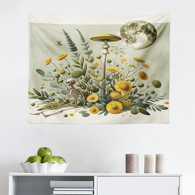 Ambesonne Trippy Tapestry, Bohemian Botany Feel Leafy Jungle Flowers with Skeleton and Moon Ornate, Fabric Wall Hanging Decor for Bedroom Living Room Dorm, 28" X 23", Pale Green Earth Yellow