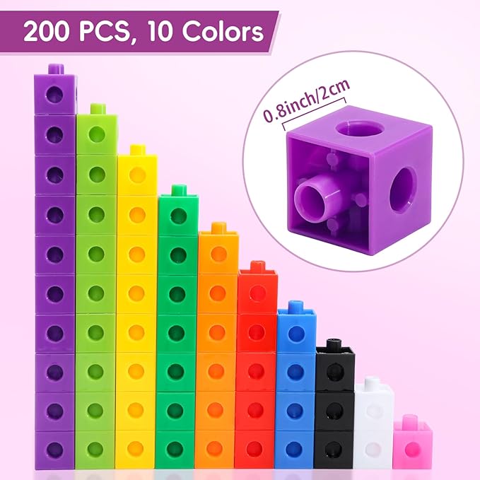 200 Pcs Math Linking Cubes - 10 Colors Connecting Counting Snap Blocks, Math Manipulatives for Early Math & Construction, Educational Toy for Preschool, Kindergarten, Homeschool