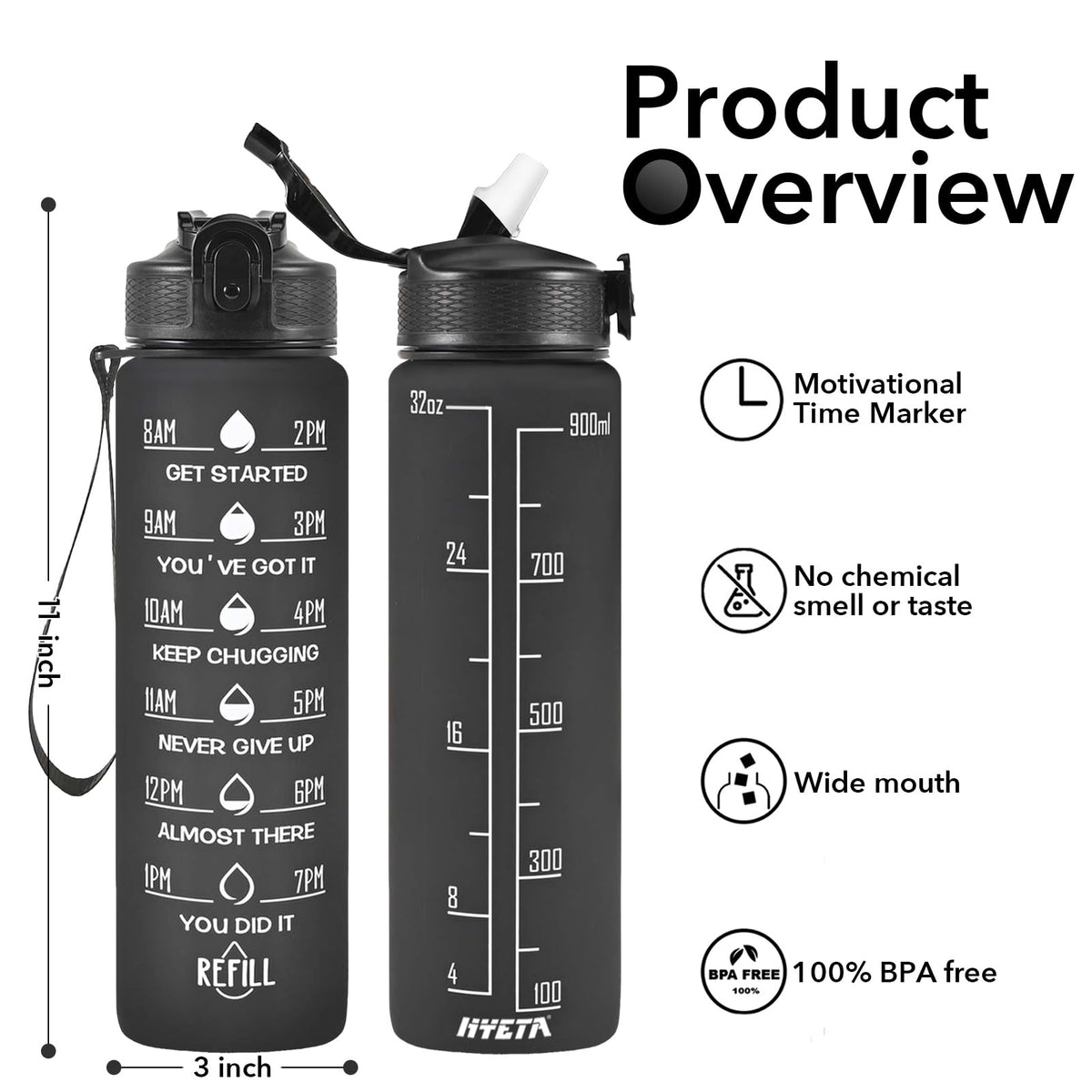 Hyeta Water Bottle with Straw & Time Marker, Plastic 32oz Leakproof