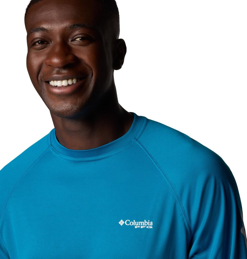 Columbia Men's PFG Terminal Tackle Long Sleeve Fishing Shirt, Blue Echo/White Logo, Large