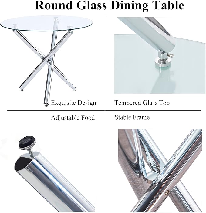 5-Piece Round Glass Dining Table Set for 4 Modern Kitchen Table with 4 Dining Chairs Set Round Circle Table and PU Upholstered Chairs Set for Small Space/Kitchen/Apartment