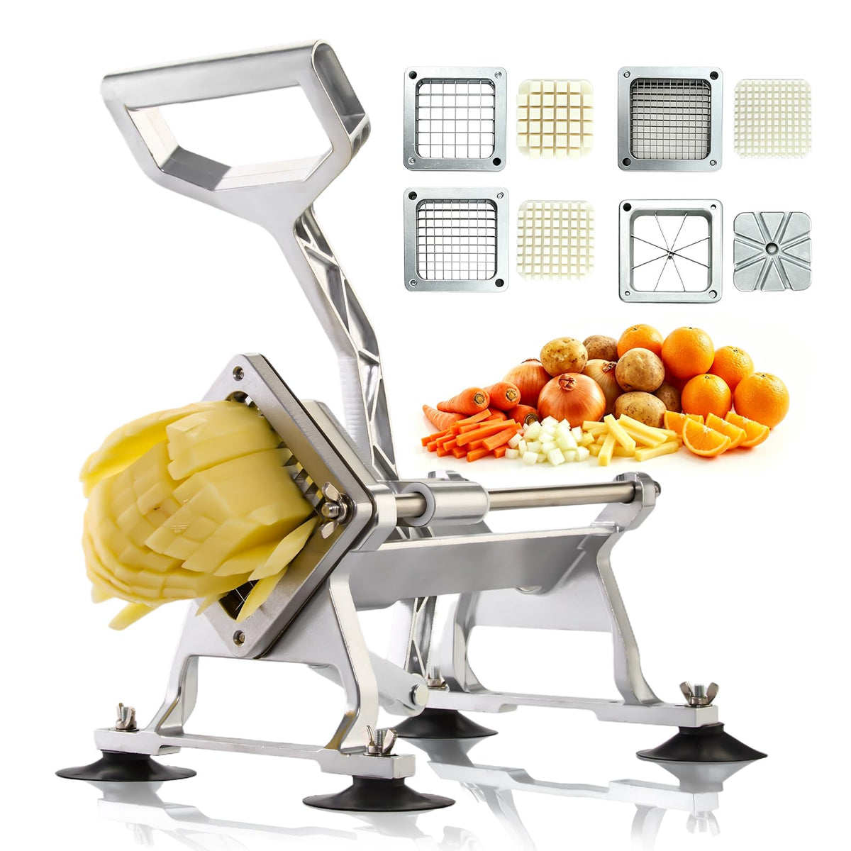 YODHOSA Commercial French Fry Cutter Stainless Steel Potato Cutter with 1/2,1/3,3/8 Inch Blade and 8-wedge balde, Heavy Duty Potato Slicer Manual Potato Chopper Set for Sweet Potato, Carrot, Cucumbers