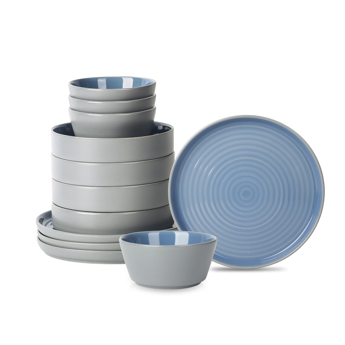 Stone Lain Elica 12-Piece Modern Dinnerware Set Stoneware, Plates and Bowl Sets for 4, Navy and White