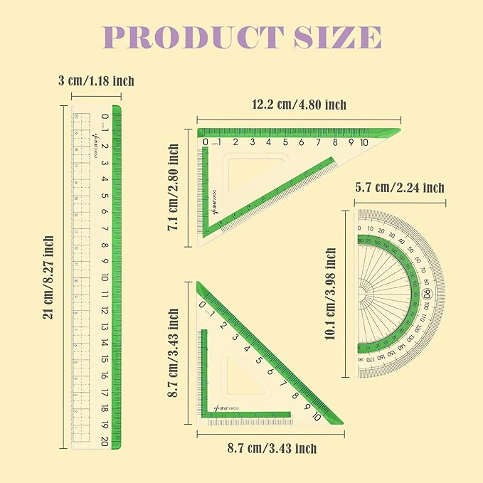 BAYTORY 12Pcs Transparent Ruler Set, Shatterproof Colorful Acrylic Rulers, Clear Lightweight Geometry Set, Student Stationery Measuring Tool, for School and Office (Bright Colors)