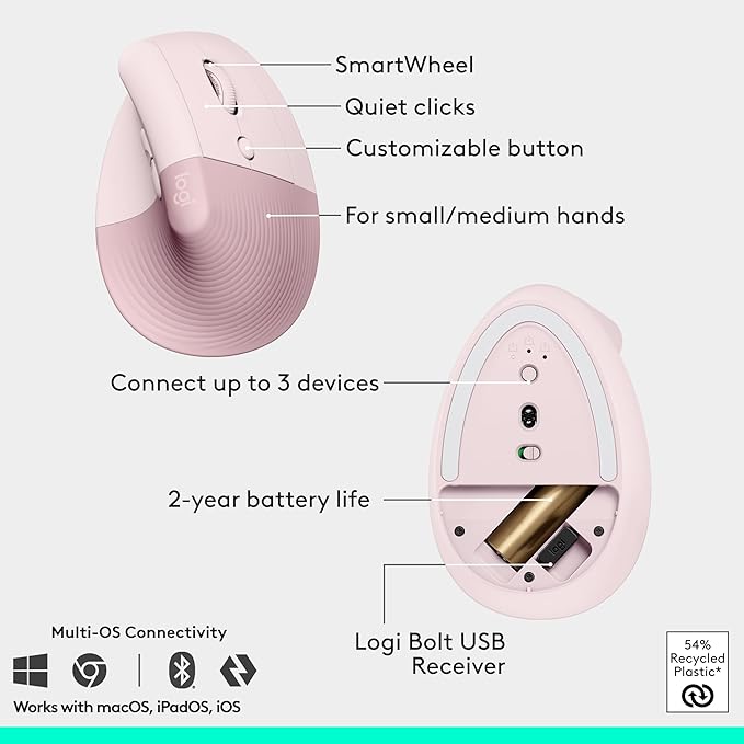 Logitech Wave Keys & Lift Vertical Mouse - Ergonomic Wireless Keyboard and Mouse Combo - with Cushioned Palm Rest, Easy-Switch, Bluetooth, for Multi-OS, Windows/Mac - Rose