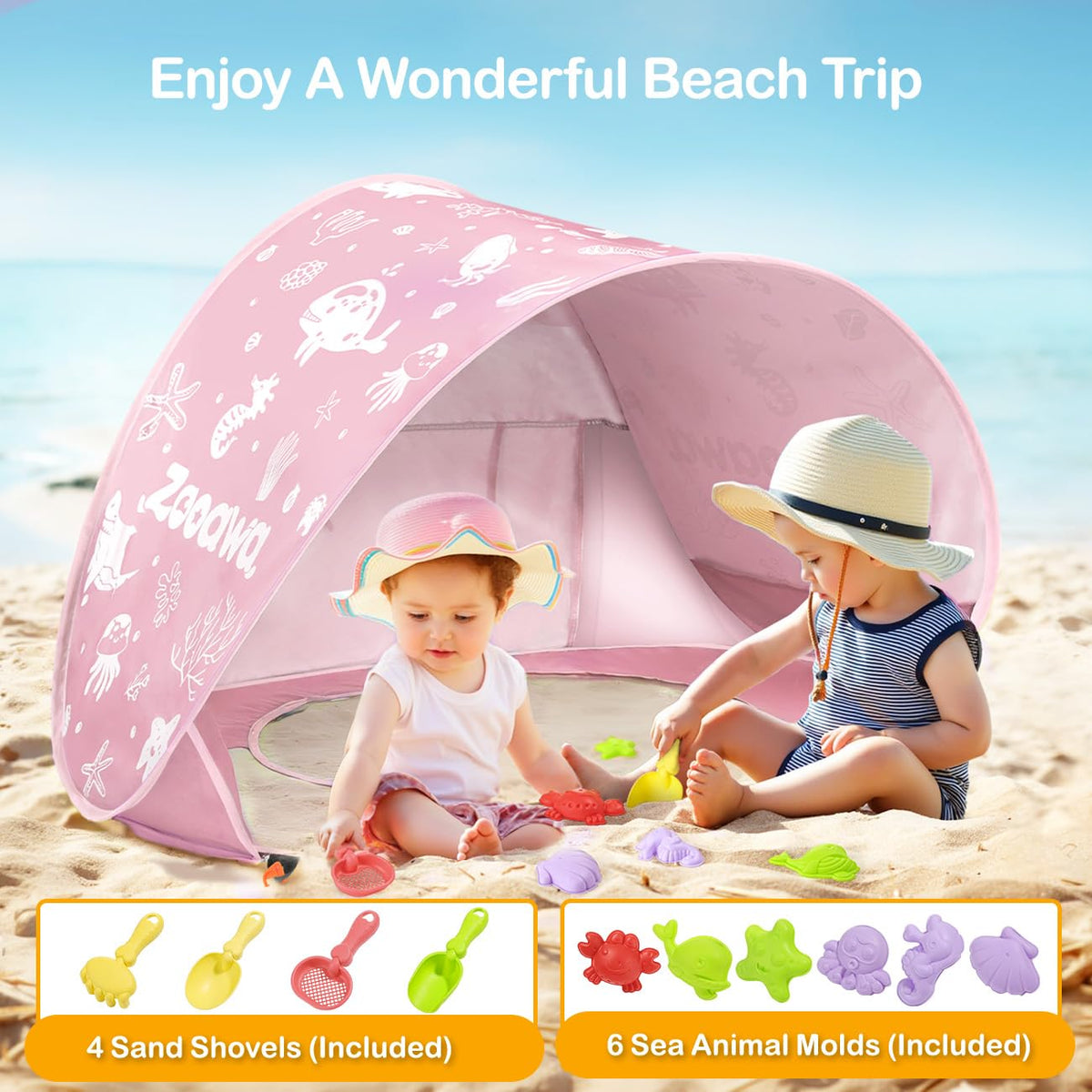 Zooawa Baby Beach Tent, Pop Up Beach Tent Sun Shade, Portable Shade Pool UV Protection Sun Shelter for Infant with Sand Toys Set, Light Pink