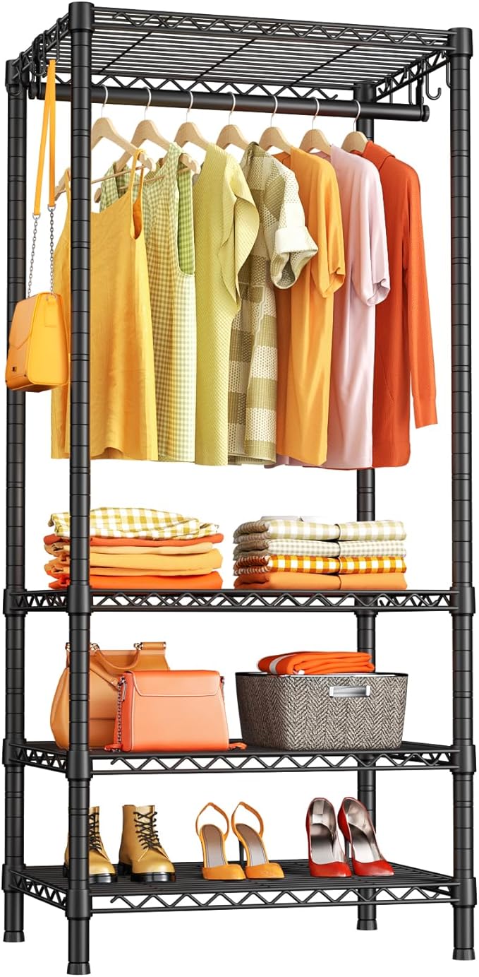 Ulif H4 Mini Portable Closet, 4 Tiers Freestanding Clothing Garment Rack for Small Space, Metal Clothes Wardrobe System for Bedroom, 23.6" W x 14" D x 76.4" H, Load 502 lbs, Black