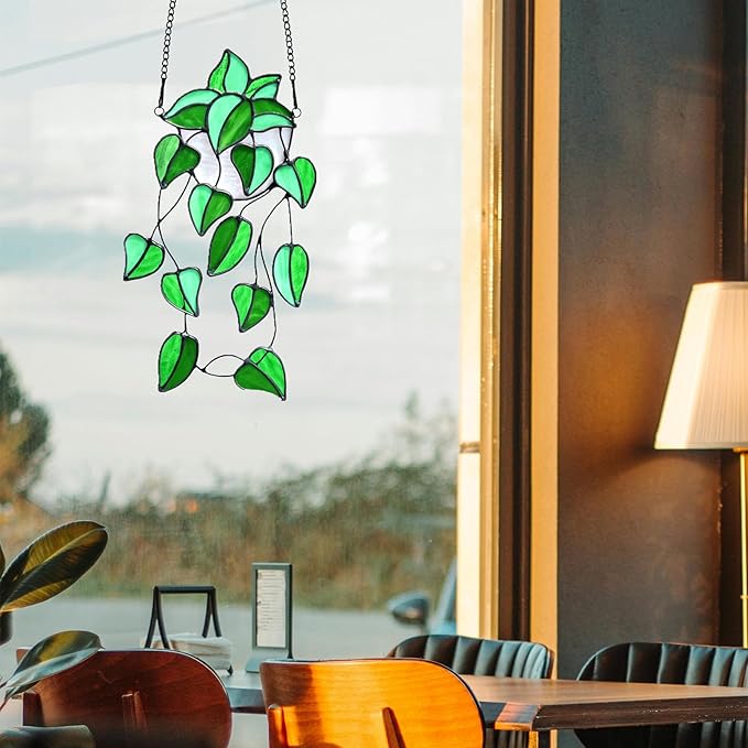 Green Faux Plants Stained Glass Window Hanging Suncatcher, Artificial Plants Decor Gift for Women, Stain Glass Sun Catchers Indoor Window, Handcrafted Home Wall Art Decoration Ornament.