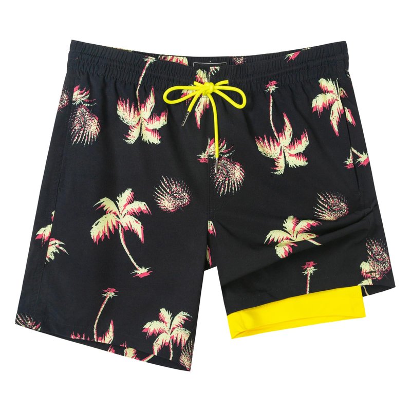 SURF CUZ Mens Swim Trunks with Compression Liner Quick Dry Swim Shorts 7" Swimming Trunks Stretch Bathing Suit 7 Inch,Neon Palms,S