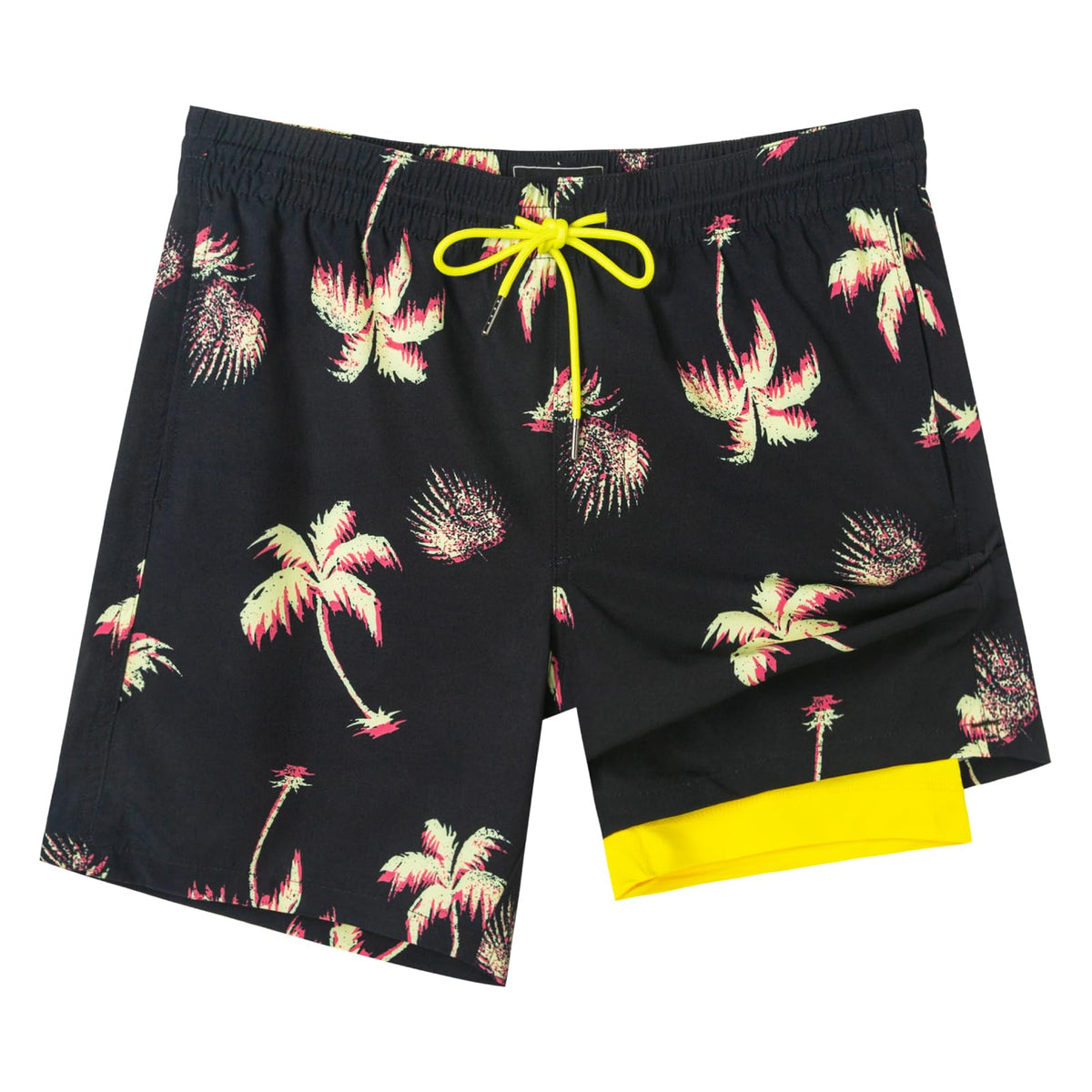 SURF CUZ Mens Swim Trunks with Compression Liner Quick Dry Swim Shorts 7" Swimming Trunks Stretch Bathing Suit 7 Inch,Neon Palms,XL