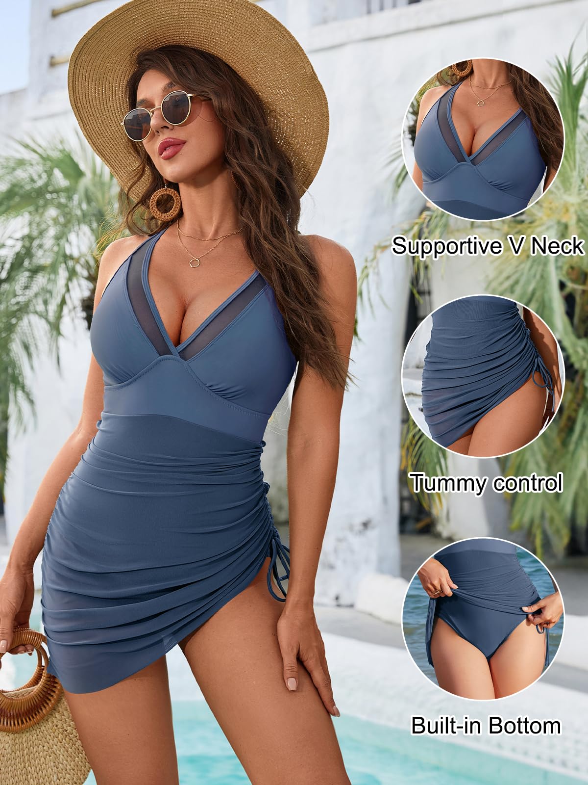 Blooming Jelly Women Modest One Piece Swim Dress Tummy Control Swimsuit