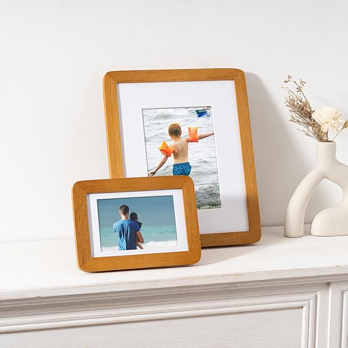 4x6 Picture Frame - Solid Teak Wood Photo Frame 4x6 with Mat for 3.5x5, 4''x6''Photo Frame,Tabletop and Wall Display, Hanging Hardware Included, 4 By 6 Picture Frame Wood, Natural Teak