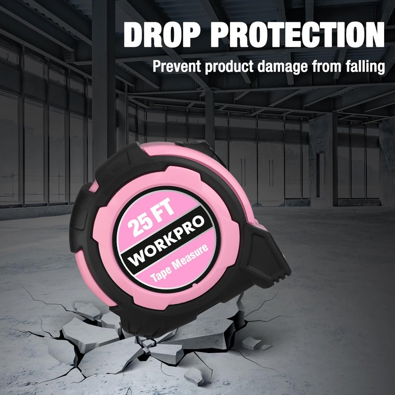 WORKPRO 25FT Pink Tape Measure, 1/8 Fractions Easy Read Measuring Tape, Retractable Nylon Coating Measurement Tape Accuracy 1/32, Magnetic Hook, Belt Clip, Rubber Protective Casing - Pink Ribbon