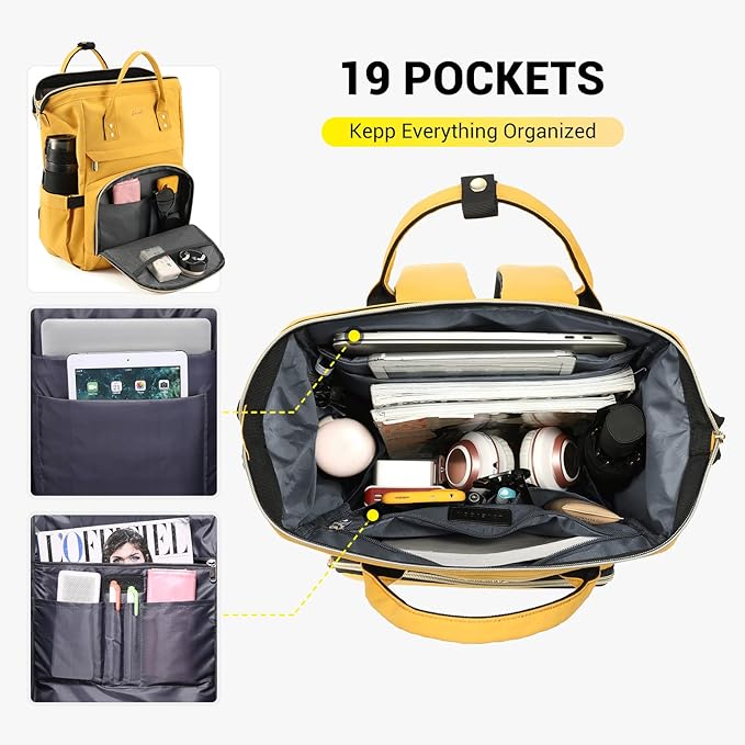 LOVEVOOK College Laptop Backpack, 15.6 Inch Travel Backpack for College, Waterproof Work Backpack Woman for Teacher Nurse Anti-theft Travel Back Pack, Gifts for Women, Yellow