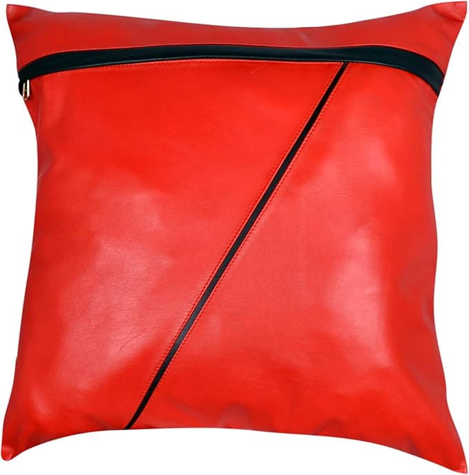 D DOLLY LAMB Lambskin Leather Pillow Cover - Sofa Cushion Case - Decorative Throw Covers for Living Room & Bedroom, 22x22 Inches - 03 Red Pack of 1