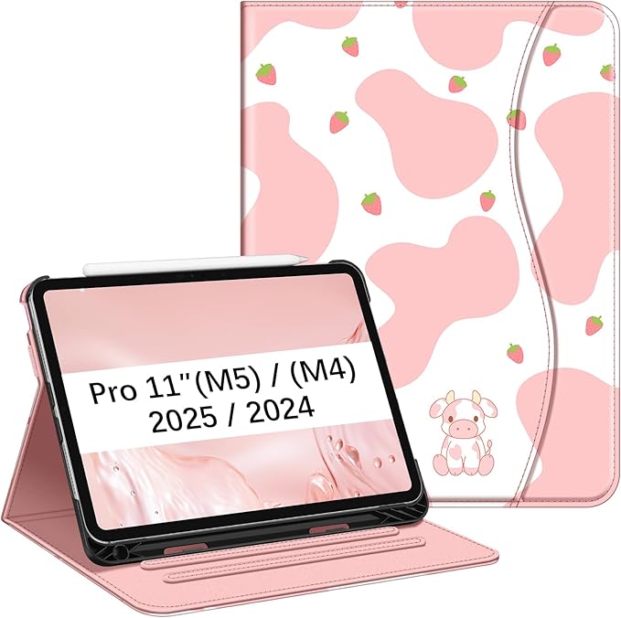 Fintie Folio Case for iPad Pro 11-inch (M5) 2025 / (M4) 2024 - Multiple Angles Viewing Stand Protective Cover with Pencil Holder & Pocket, Auto Wake/Sleep, Strawberry Cow