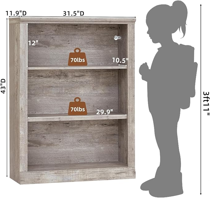 43" Grey Tall Bookshelf Set of 2,3-Tier Thick Wooden Book Shelf with Adjustable Shelves,Free Standing Farmhouse Bookcase with Open Display Storage,Floor Vintage Bookshelves for Living Room