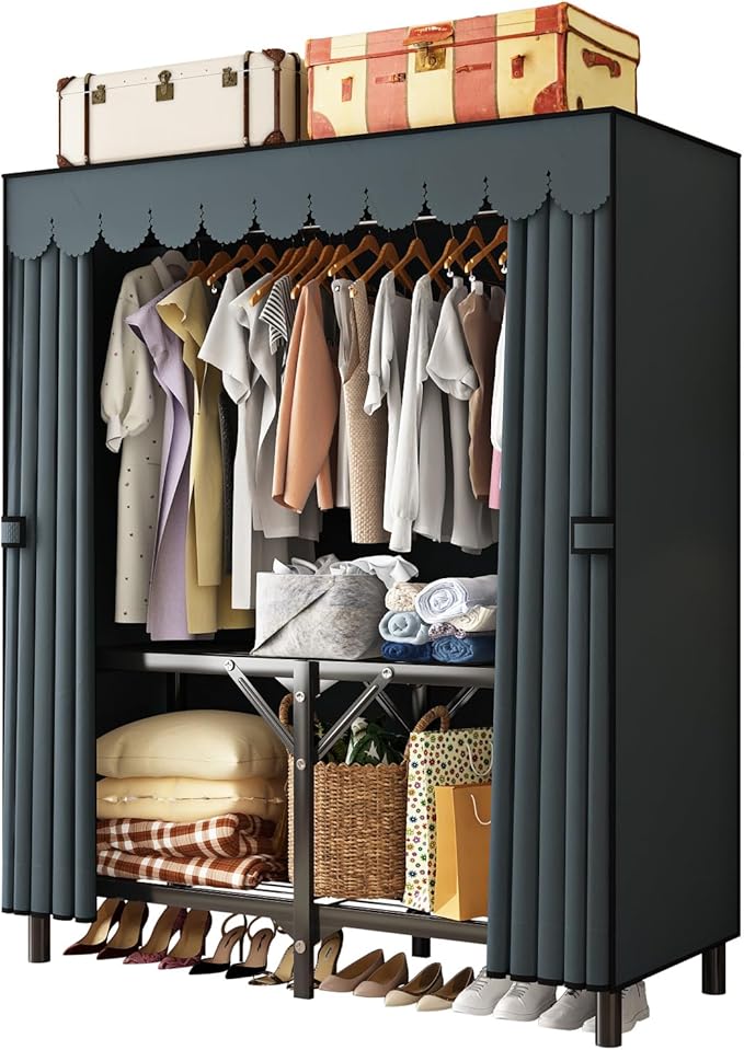 Foldable Clothes Hanger with Cover Portable Wardrobe, Metal Standing Armoire Wardrobe Clothes Rack with Gray Fabric Cover,One-Piece Folding Base,25MM Steel Tube for Bedroom