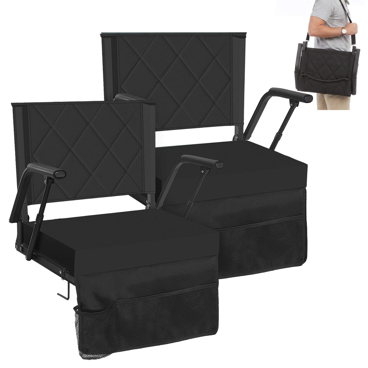 Sheenive Stadium Seats for Bleachers with Back Support (2 Pack) - 2.8'' Thick Wide Cushion & Padded Armrests, Cup Holder, Pockets, Carry Strap for Sports Events