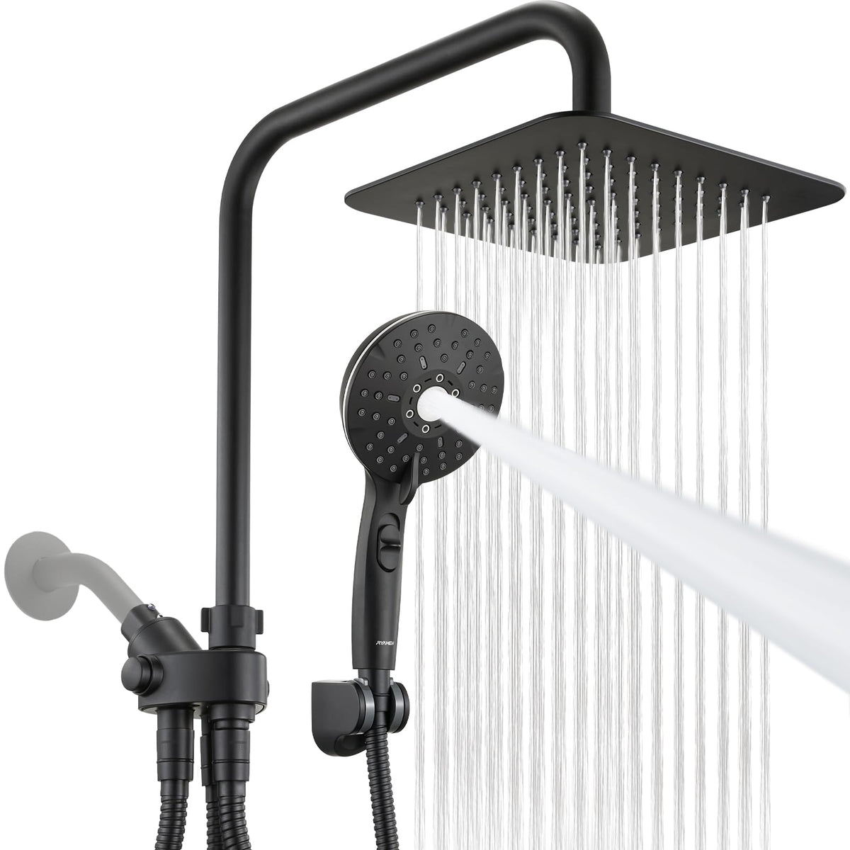 Ryamen Dual Shower Head Combo, 8'' High Pressure Rain Shower Head with Handheld Spray, 6+1 Spray Settings Handheld Showerhead, Height Adjustable, One-touch Pause Button, Matte Black