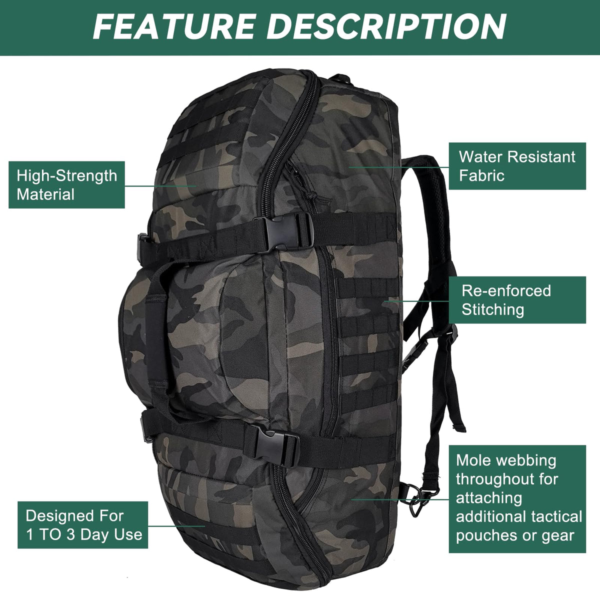 Hannibal Tactical 55L Large Duffle Bag, 3-in-1 Tactical Backpack MOLLE Pack for Gym, Sports, Outdoor, Black Camo