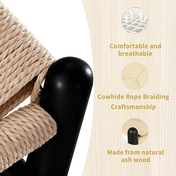 Wishbone Chair Natural Solid Wood Dining Chair/Hans Wegner Y Chair Rattan and Wood Accent Armrest Chairs Set of 2 (Ash Wood - Black + Natural Cord)