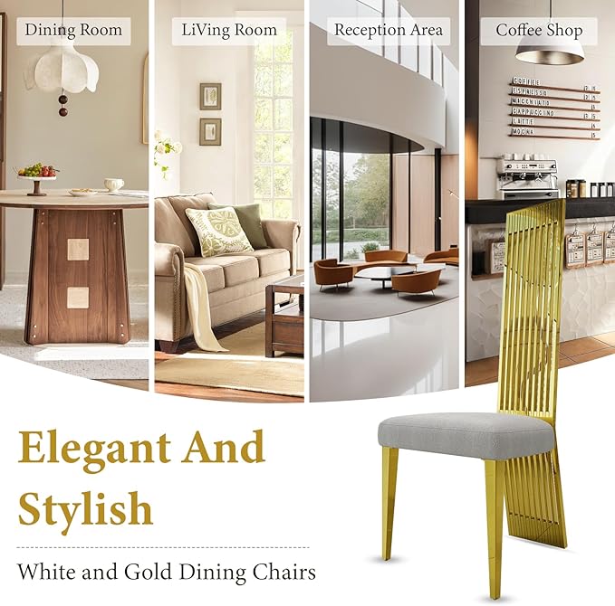 Modern Glod Dining Chairs Set of 2, Upholstered High Back Dining Chairs with Polished Stainless Steel Backrest and Legs, Luxury Dining Room Chairs for Kitchen Living Room Restaurant