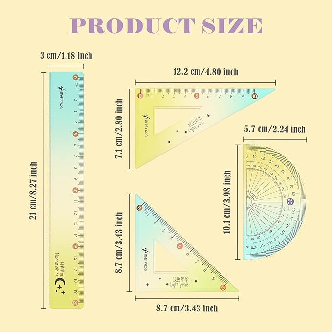 BAYTORY 12Pcs Transparent Ruler Set, Shatterproof Colorful Acrylic Rulers, Clear Lightweight Geometry Set, Student Stationery Measuring Tool, for School and Office (Gradient Colors)