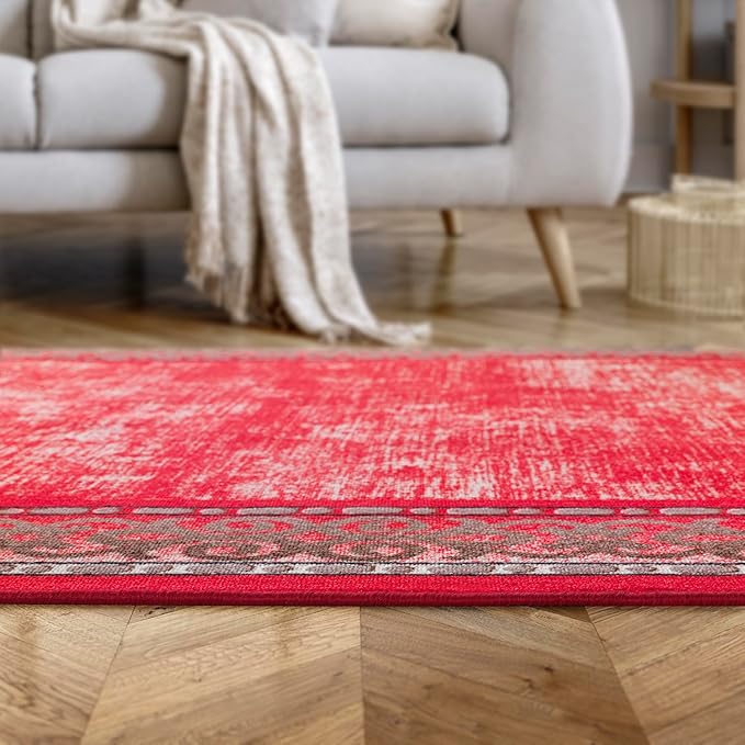 Antep Rugs Alfombras Bordered Modern 3x5 Non-Slip (Non-Skid) Low Pile Rubber Backing Indoor Area Rug (Red, 3' x 5')